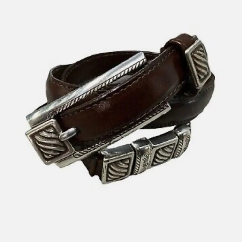 Brighton Women’s Brown Leather Silver Buckle Embellished Skinny Belt Sz 30